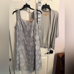 Ellen Tracy Gray Lace dress and matching sweater with reversible belt. Size 8/M